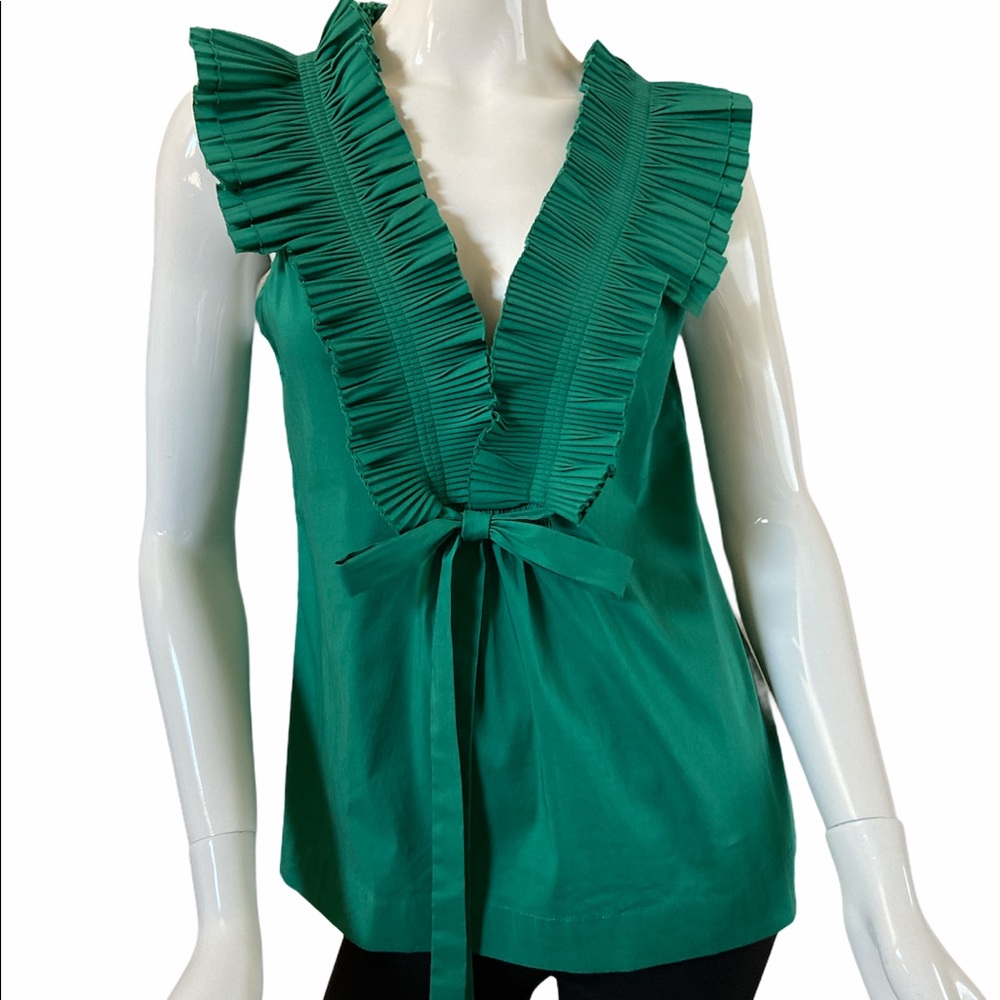 BCBG MAXAZRIA Green V-Neck Ruffle/ Bow  Top